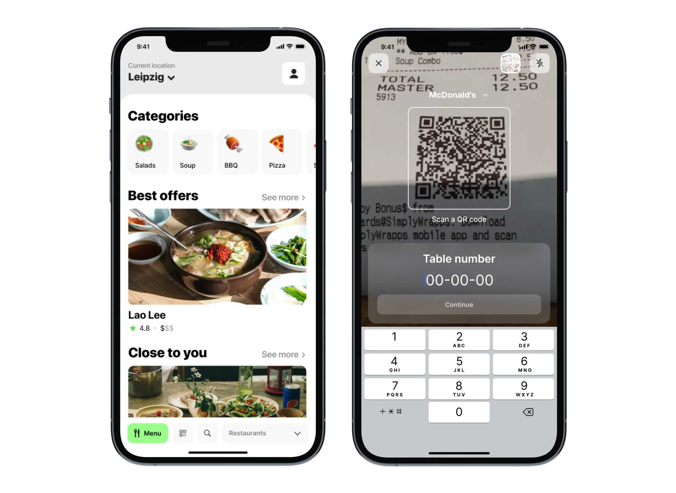 Home screen with categories and a QR scanner with a table number field