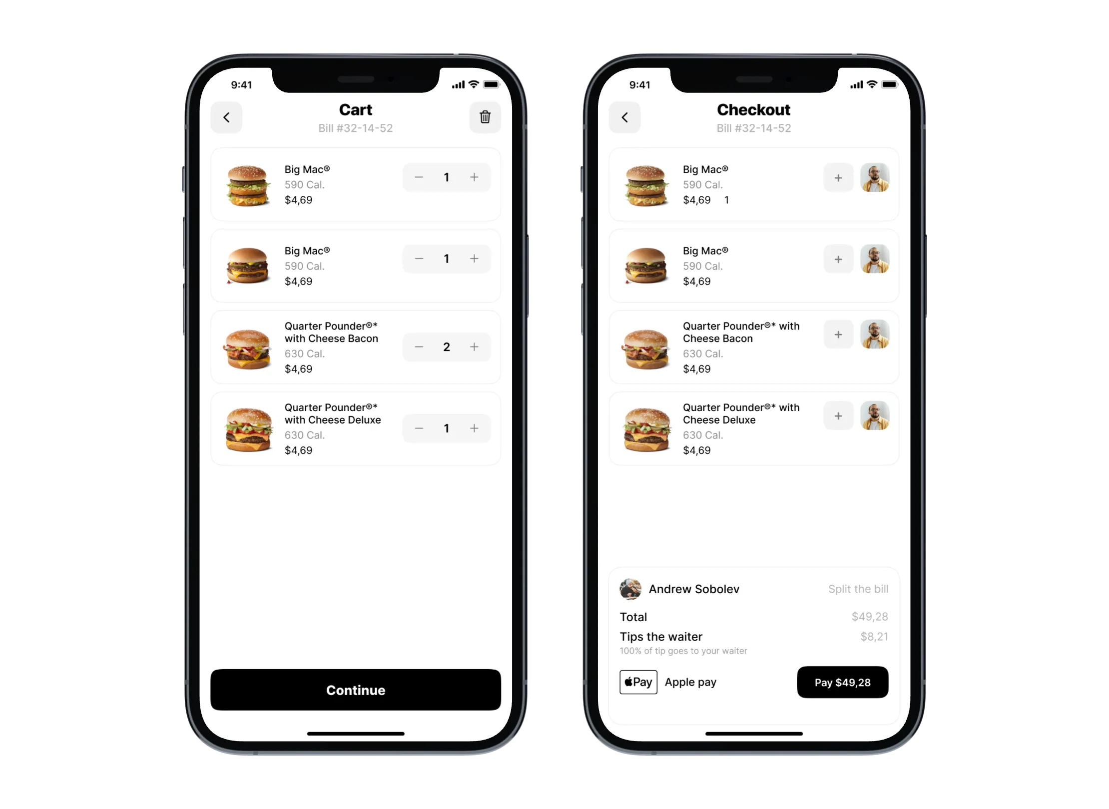 Cart and checkout screens with tips and Apple Pay