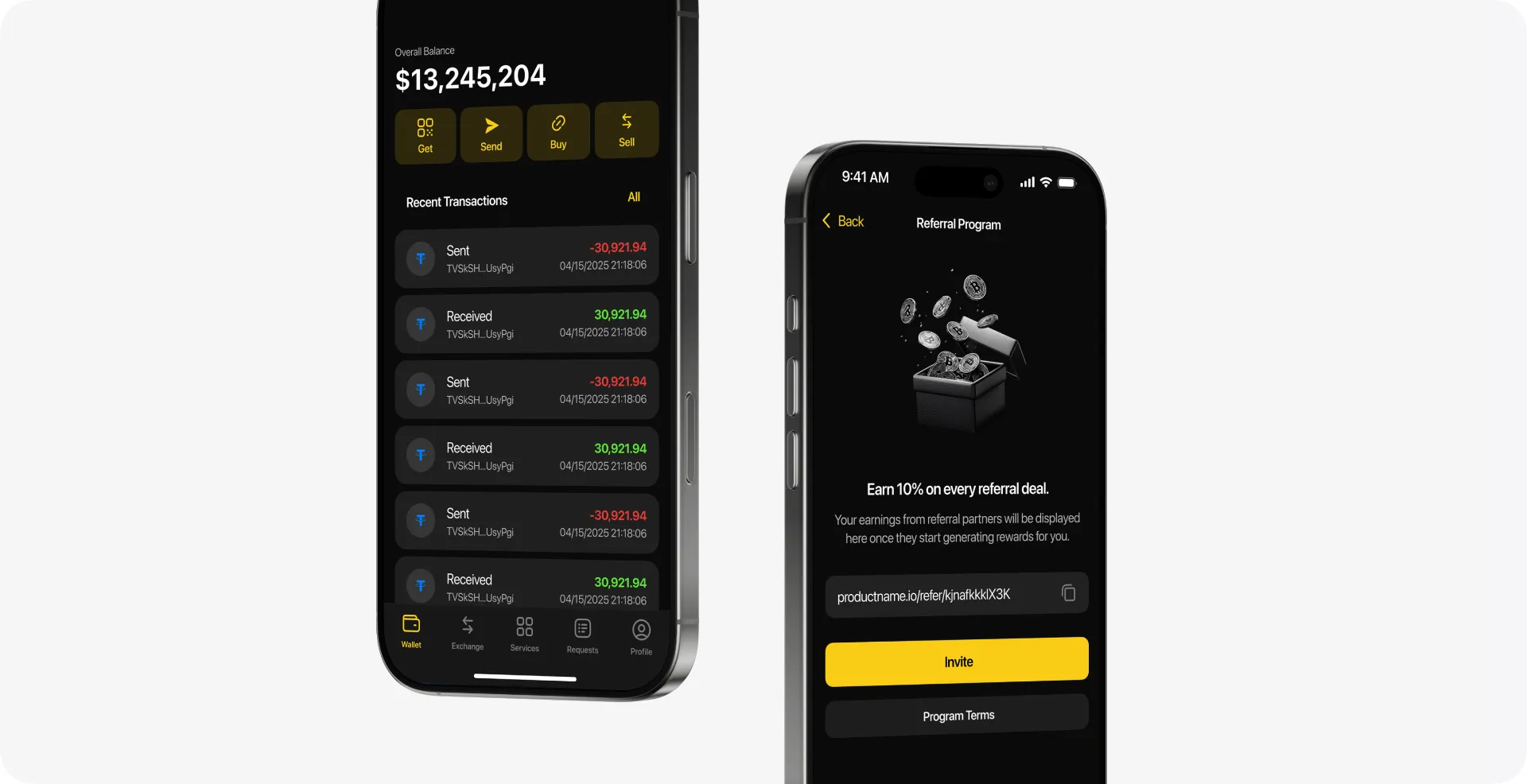 Crypto Bank wallet and referral program screens on two phones