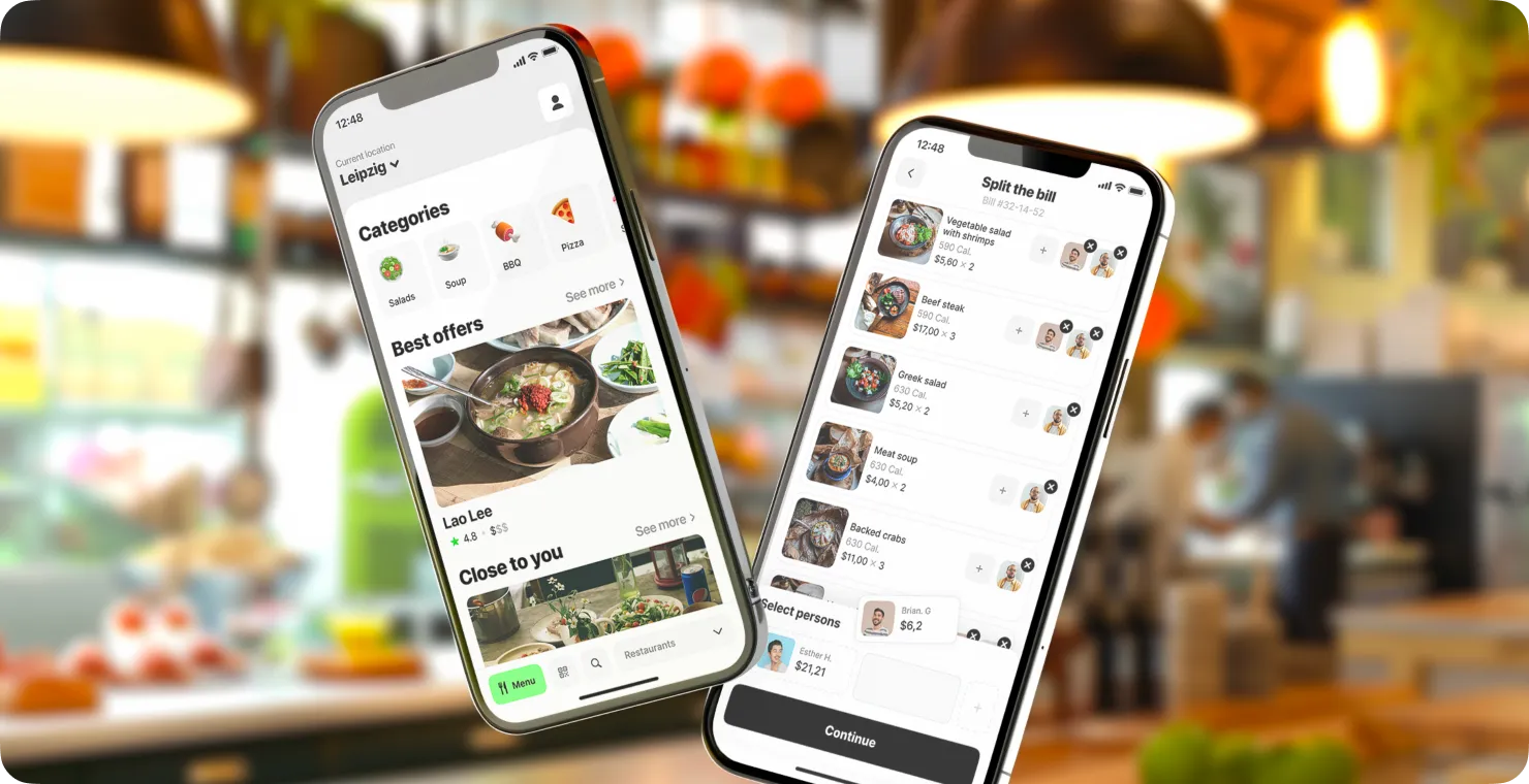 Mealio home screen and bill split screen on two phones in a restaurant
