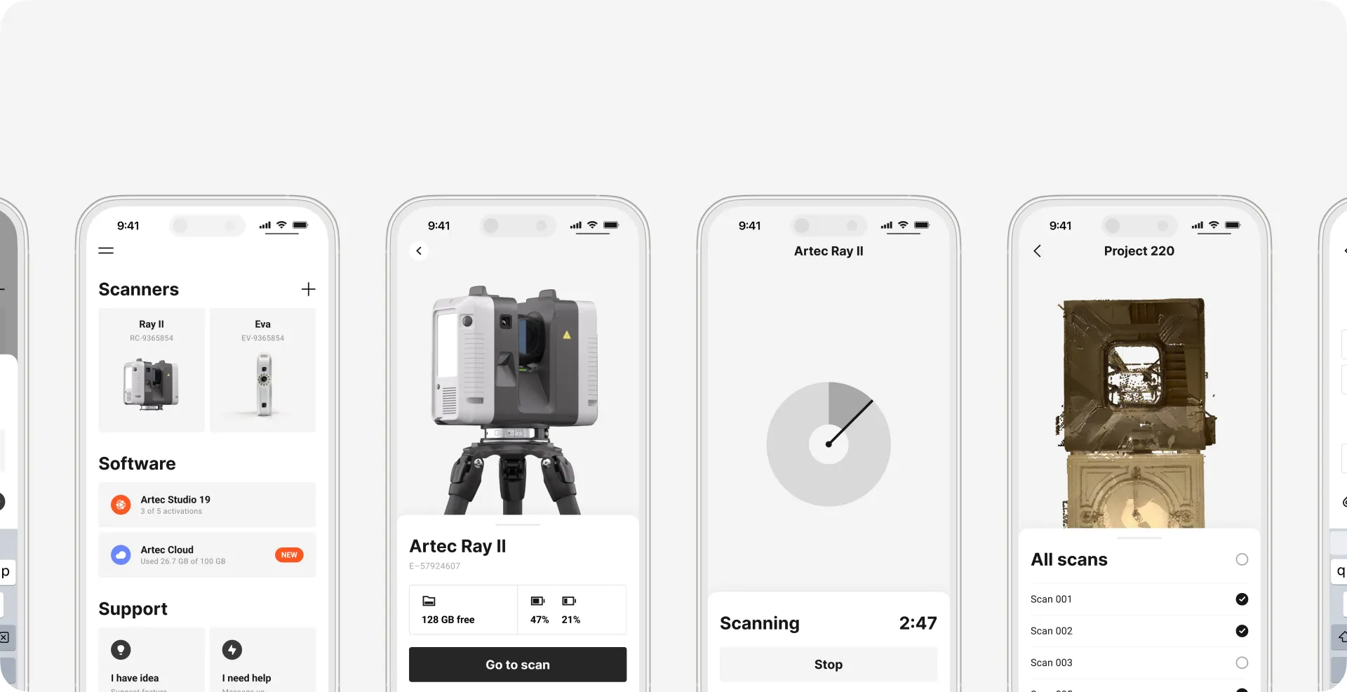 Phone screens showing the scanner list, a scanner card, a scan in progress and a finished 3D scan